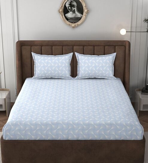 Blue Glace Cotton Self Design Elastic Fitted King Bedsheet With 2 Pillow Covers