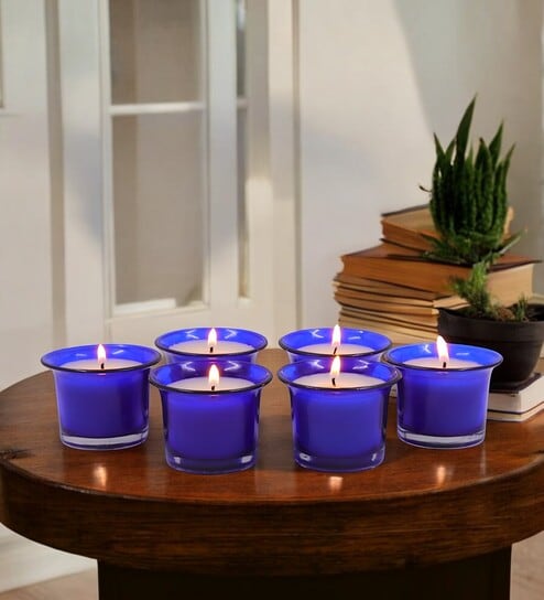 Blue Glass Votive Candles Set Of 6