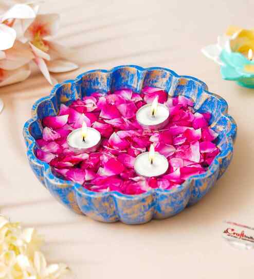 Blue Golden Beautiful Flower Urli Bowl for Home Decor|Urli Set for Decoration Floating Flowers & Tea Light Candle Holder|Diwali Decoration Items Gifts for Family and Friends