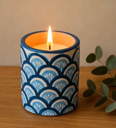 Blue Indigo Hand Painted Clay Jar For Candle