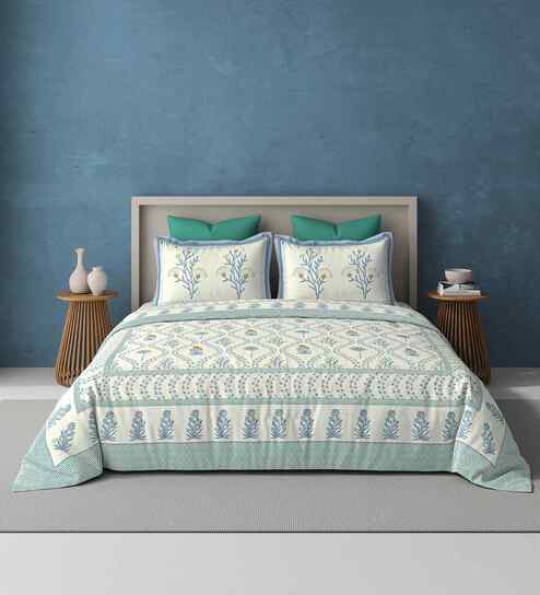 Blue Jaipuri Blockprint 250 TC Pure Cotton King Sized Double Bedsheet with 2 Pillow Covers