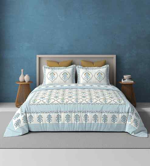 Blue Jaipuri Blockprint 250 TC Pure Cotton King Sized Double Bedsheet with 2 Pillow Covers