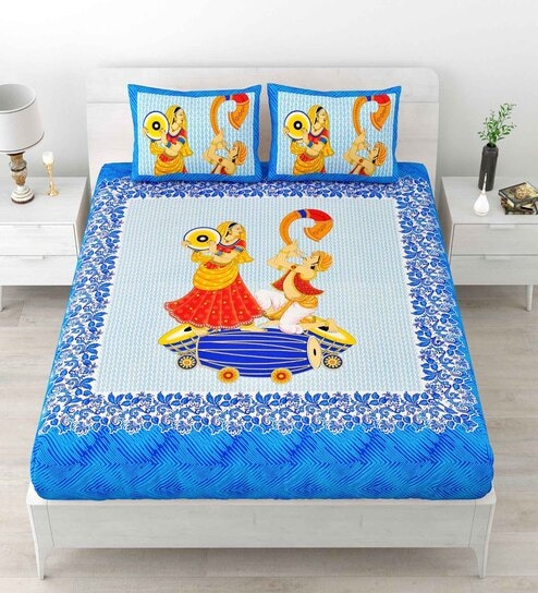 Blue Traditional 120 TC Cotton Queen Sized Bedsheet with 2 Pillow Cover