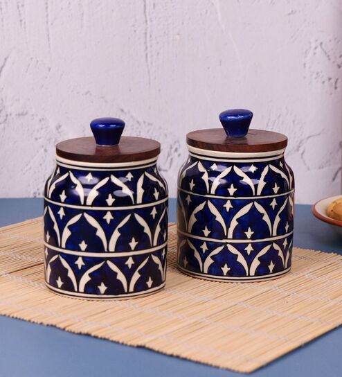 Blue Jodhpuri Hand Painted Ceramic Jar with Wooden Lid Set of 2