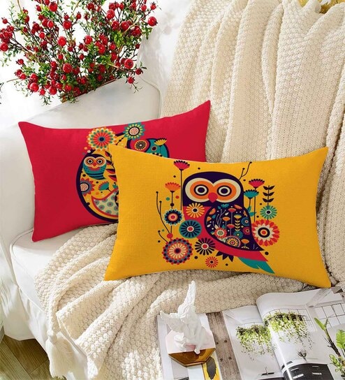 Yellow and Red Jute Abstract 12x18 inches Cushion Covers (Pack of 2)