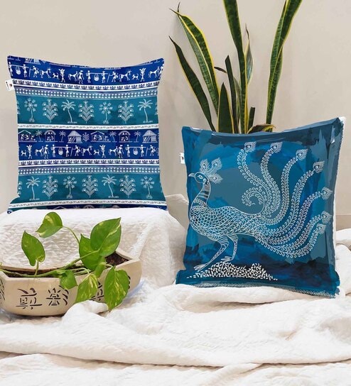 Blue Jute Abstract 16x16 inches Cushion Covers (Pack of 2)