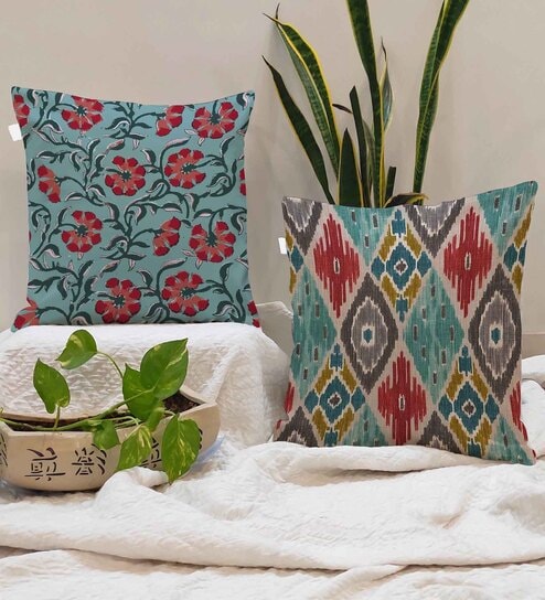 Blue Jute Abstract 16x16 inches Cushion Covers (Pack of 2)