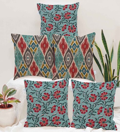 Blue Jute Abstract 16x16 inches Cushion Covers (Pack of 5)