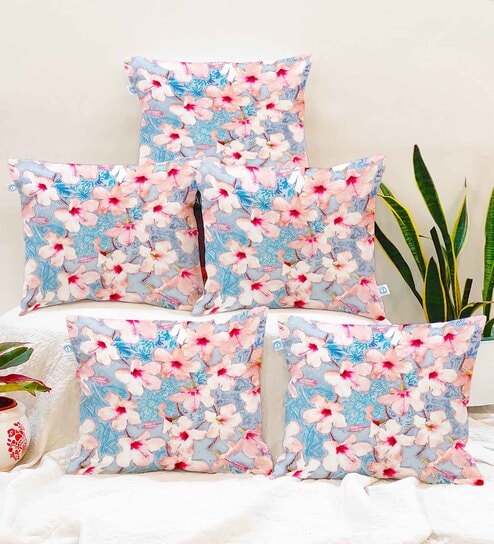 Blue Jute Floral 16x16 inches Cushion Covers (Pack of 5)
