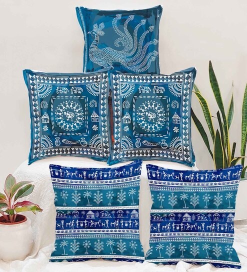 Blue Jute Abstract 16x16 inches Cushion Covers (Pack of 5)