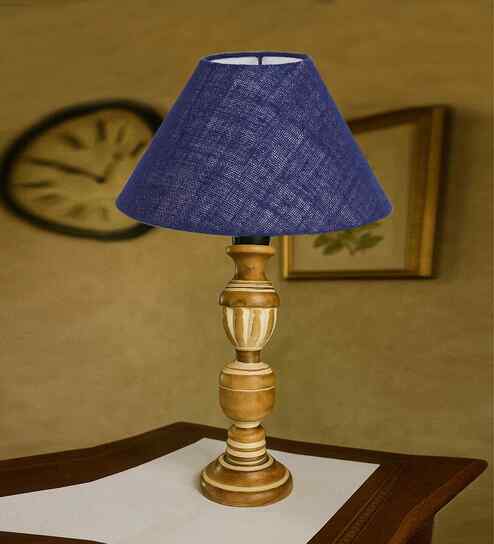 Blue Jute Table Lamp With Wood  Base 10X19 Inches