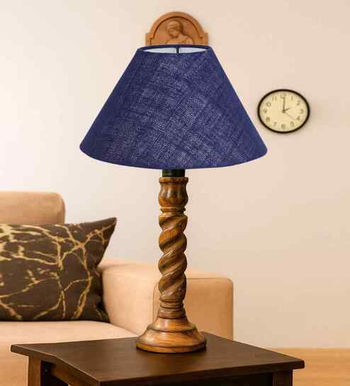 Blue Jute Table Lamp With Wood  Base 10X19 Inches