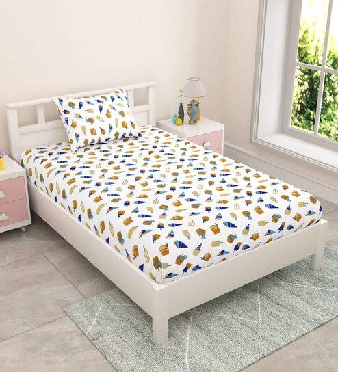 Blue Kids 144 TC Character Kids Single Bedsheet With 1 Pillow Cover