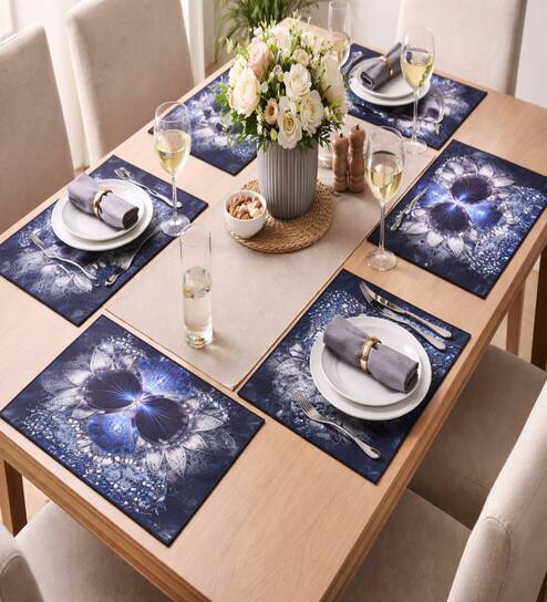 Set of 6 Blue Mandala Geometric Print Placemats
