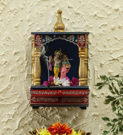 Blue Wood Wall Mounted Mandir Without Door