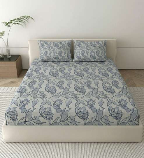 Blue Metro 186 TC Cotton Double Bedsheet With 2 Pillow Covers