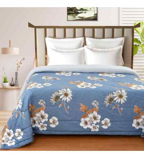 Blue Microfiber Floral 180 GSM Double Size Reversible Comforter