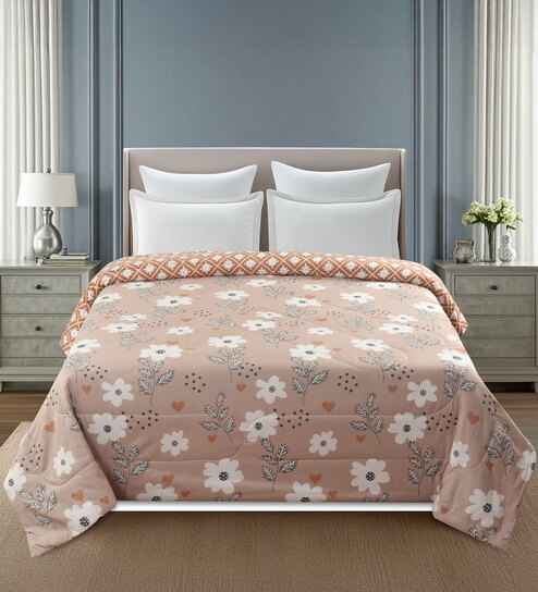 Fawn & White Floral Reversible 180 GSM Double Bed AC All Season Comforter