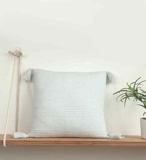 Blue Milange 100% Cotton Streak 18X18 Inches Knitted Cushion Cover