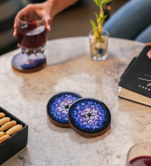 (Set Of 4) Blue & Black Nebula Acacia Wood Coaster with Enamel