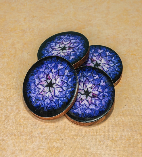 Blue Nebula Acacia Wood S/4 Coaster with Enamel
