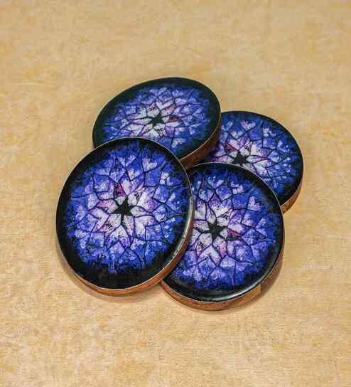 (Set Of 4) Blue & Black Nebula Acacia Wood Coaster with Enamel