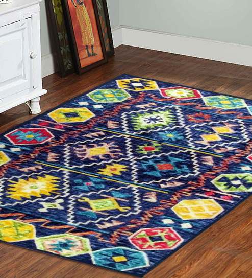 Blue Persian Polyester 3 ft x 5 ft Machine Made Carpet