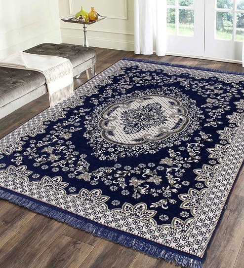 Blue Chenille Vintage 4 x 6 Feet Machine Made Carpet by Braids