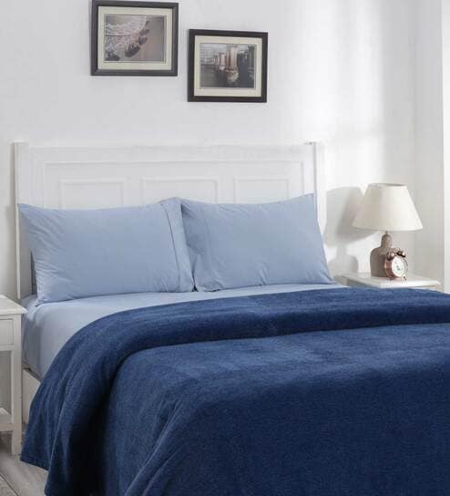 Blue Solid 110 TC Cotton Double Bed Cover by Maspar