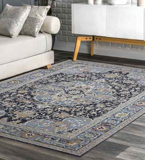 Blue Persian Polyester 5x8 Feet Machine Made Carpet