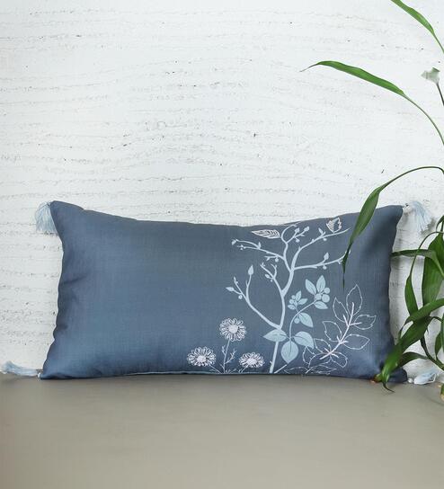Blue Polycanvas Floral 12x22 inches Cushion Covers (1pc)