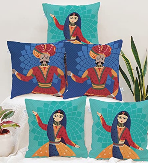 Blue Polycotton Ethnic motif 16x16 inches Cushion Covers (Pack of 5)