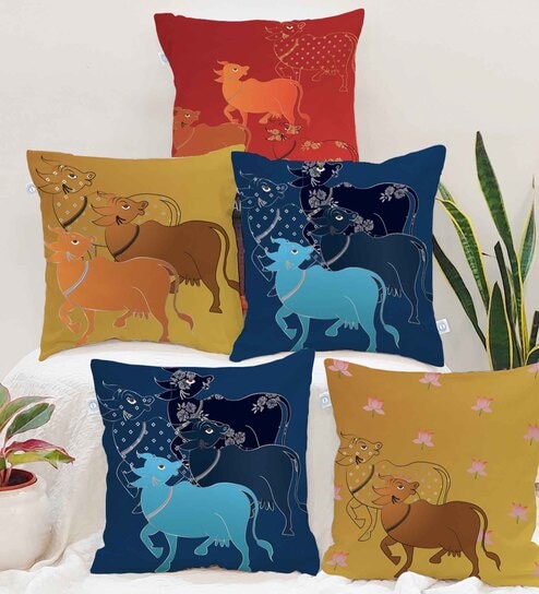 Blue Polycotton Ethnic motif 16x16 inches Cushion Covers (Pack of 5)