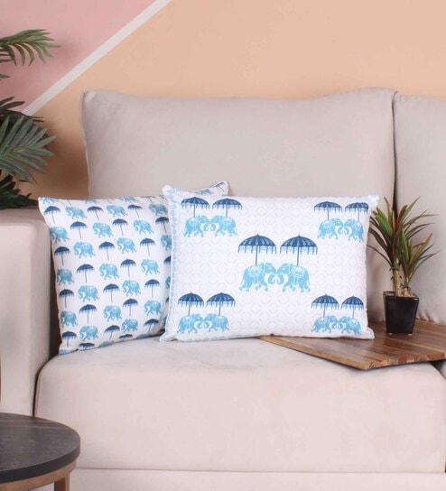 Blue Polycotton Floral 12x18 inches Cushion Covers (Pack of 2) by STITCHNEST