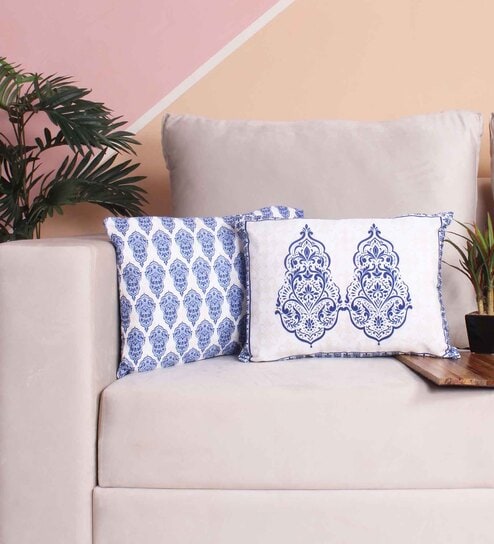 Blue Polycotton Floral 12x18 inches Cushion Covers (Pack of 2) by STITCHNEST