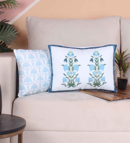Blue Polycotton Floral 12x18 inches Cushion Covers (Pack of 2) by STITCHNEST