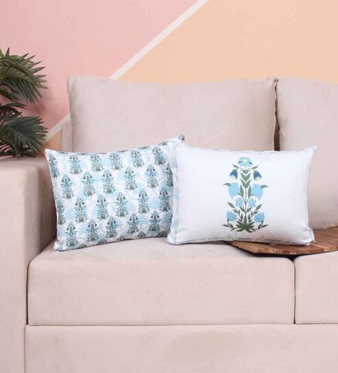 Blue Polycotton Floral 12x18 inches Cushion Covers (Pack of 2) by STITCHNEST
