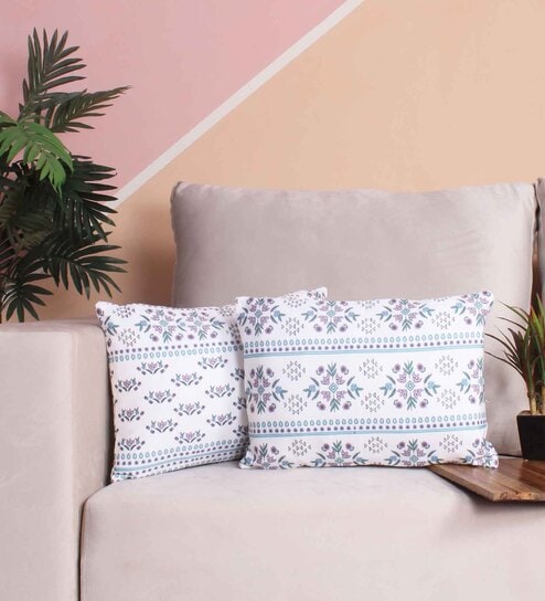 Blue Polycotton Floral 12x18 inches Cushion Covers (Pack of 2) by STITCHNEST