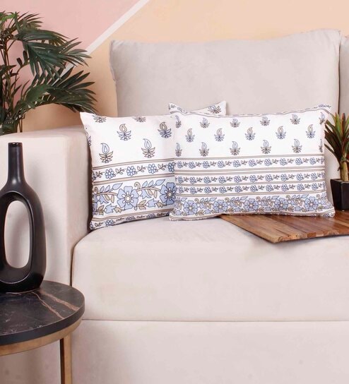 Blue Polycotton Floral 12x18 inches Cushion Covers (Pack of 2) by STITCHNEST