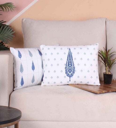 Blue Polycotton Floral 12x18 inches Cushion Covers (Pack of 2) by STITCHNEST