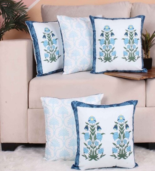 Blue Polycotton Floral 16x16 inches Cushion Covers (Pack of 5) by STITCHNEST