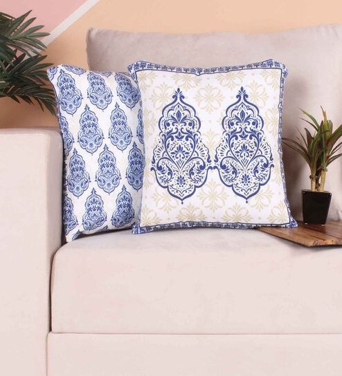 Blue Polycotton Floral 24x24 inches Cushion Covers (Pack of 2)