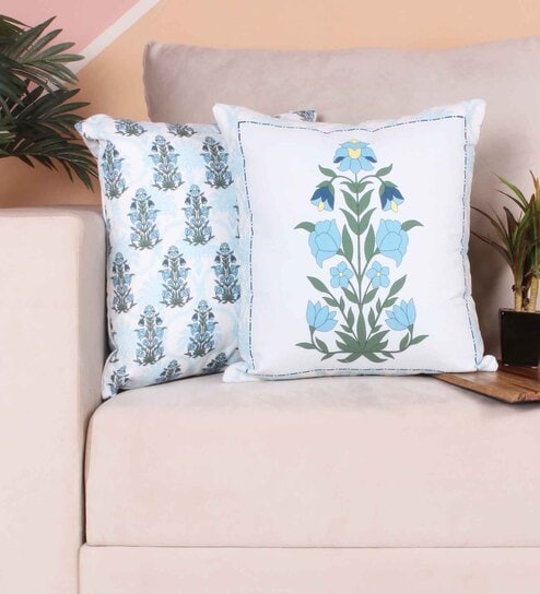 Blue Polycotton Floral 24x24 inches Cushion Covers (Pack of 2) by STITCHNEST