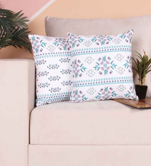 Blue Polycotton Floral 24x24 inches Cushion Covers (Pack of 2) by STITCHNEST