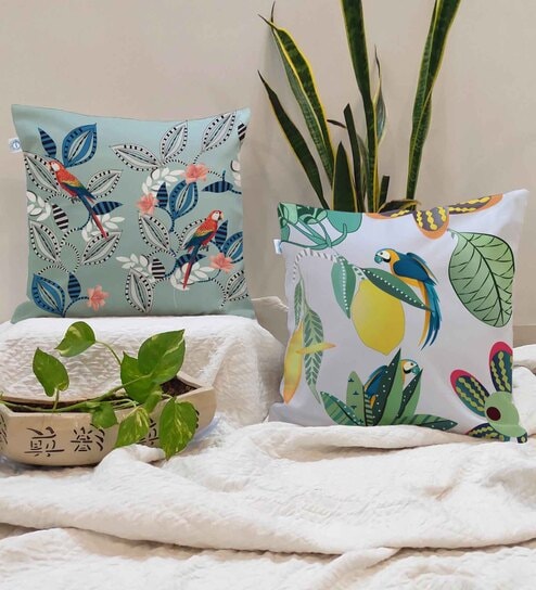 Blue Polycotton Floral 24x24 inches Cushion Covers (Pack of 2)