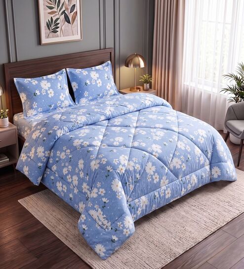 Blue Polycotton Floral 300 GSM 4pcs Comforter Set