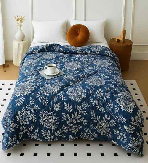 Blue Polycotton Floral 300 Gsm Soft Quilted Double Bed Comforter