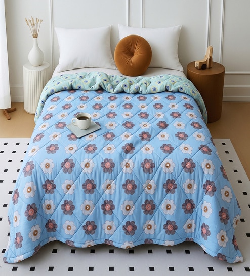 Blue Polycotton Floral 350 GSM Double Bed Reversible Quilted Comforter