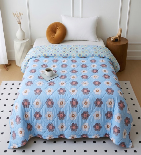 Blue Polycotton Floral 350 GSM Single Bed Reversible Quilted Comforter