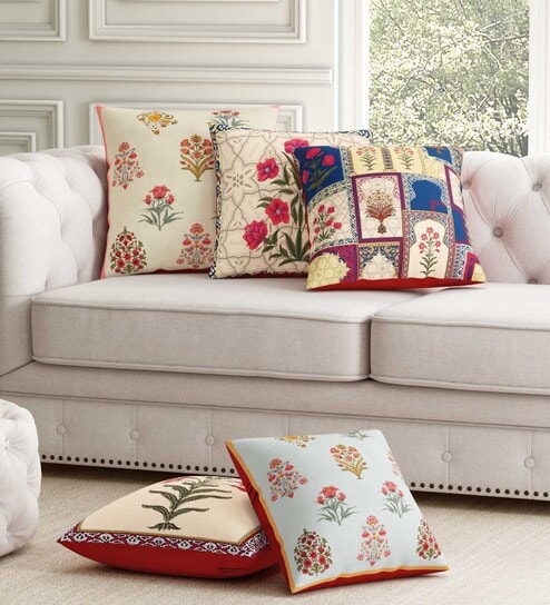 Multicolor Floral Poly Cotton 12 x 12 Inches Cushion Covers (Set of 5)
